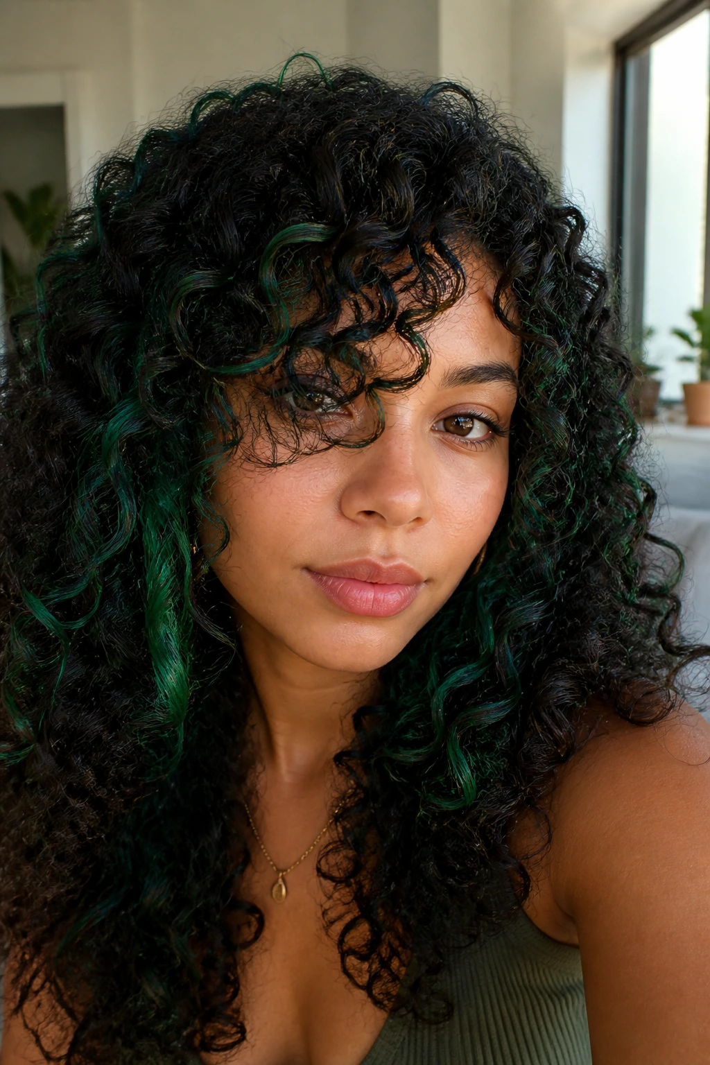 Close-up of a woman with emerald green streaks in dark curly hair