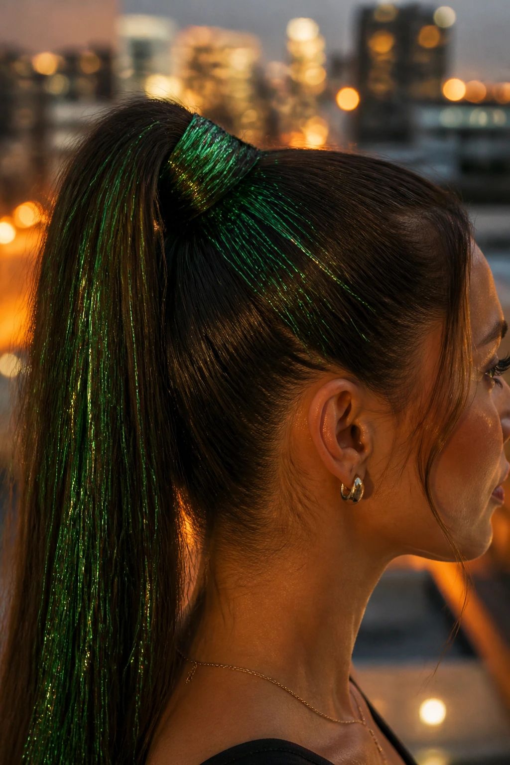 Close-up profile of a woman with emerald green tinsel in a high ponytail.