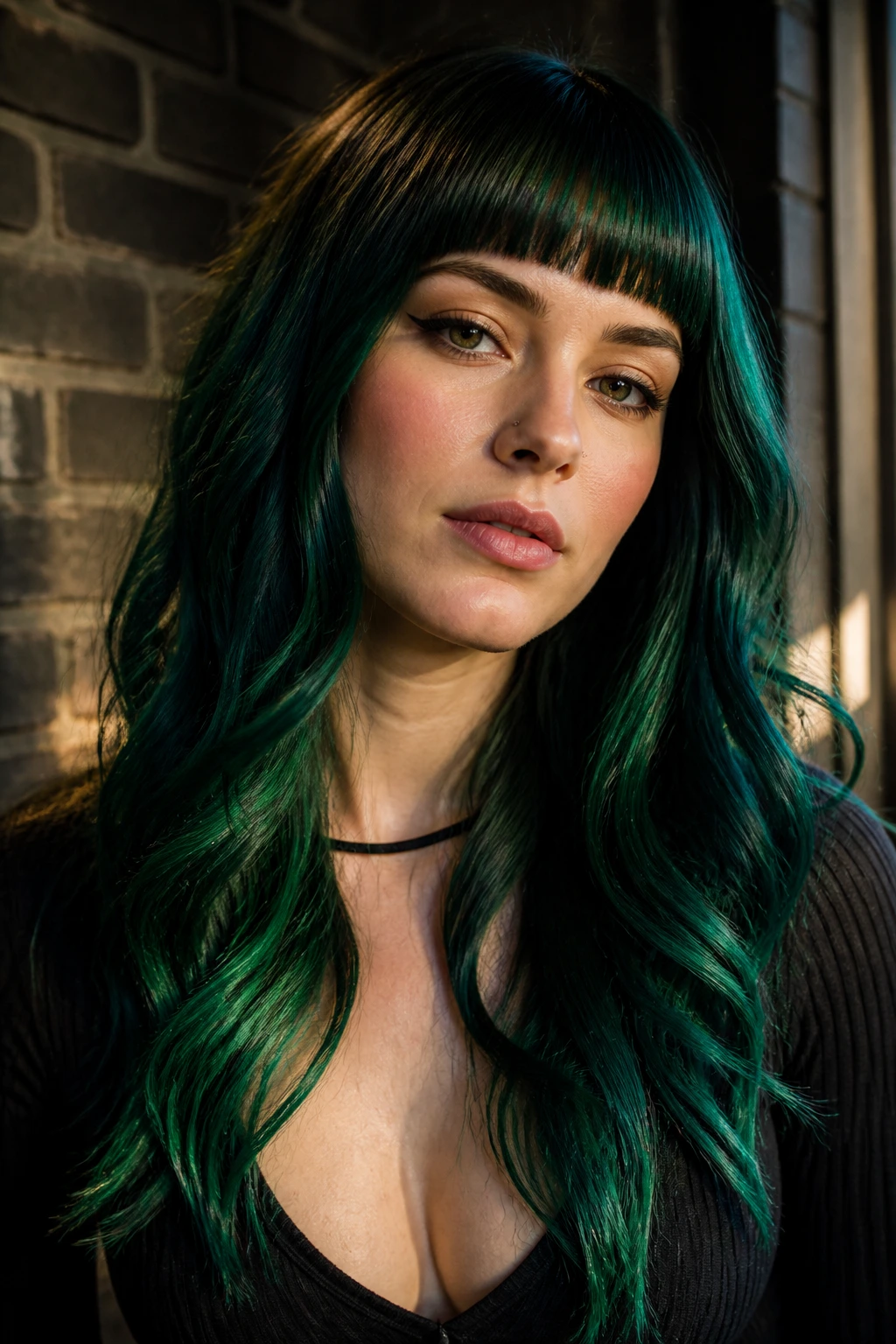 Portrait of a woman with emerald green ribbon waves and a blunt fringe