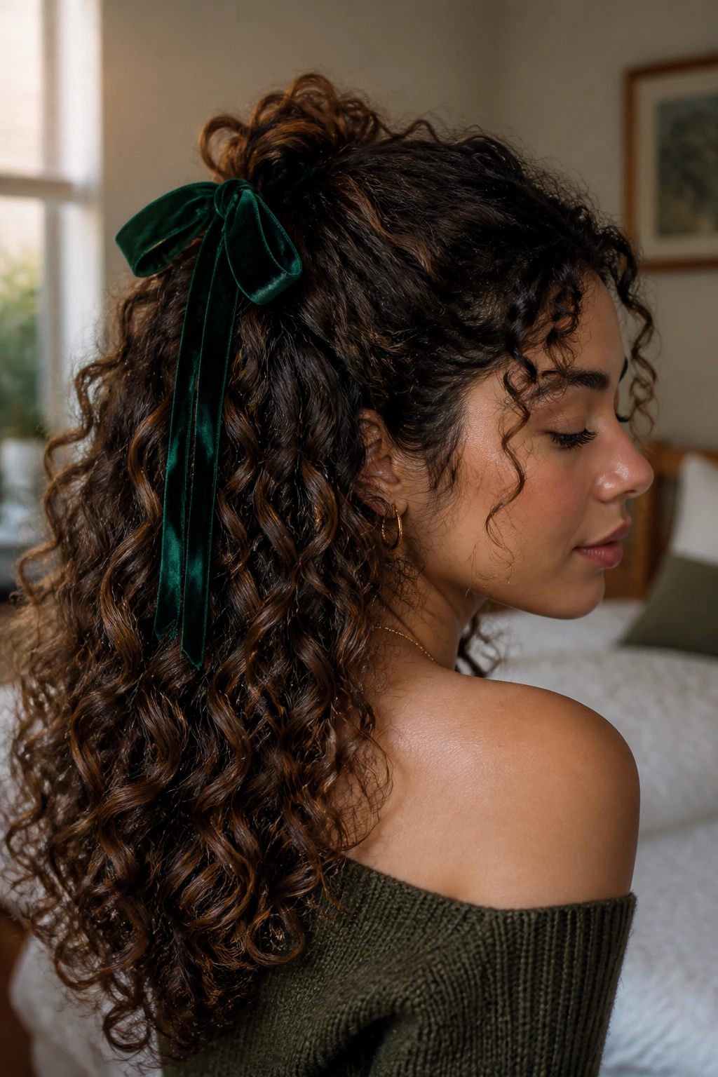 Close-up of emerald velvet ribbon half-up hairstyle on a real woman with curls cascading over a bow