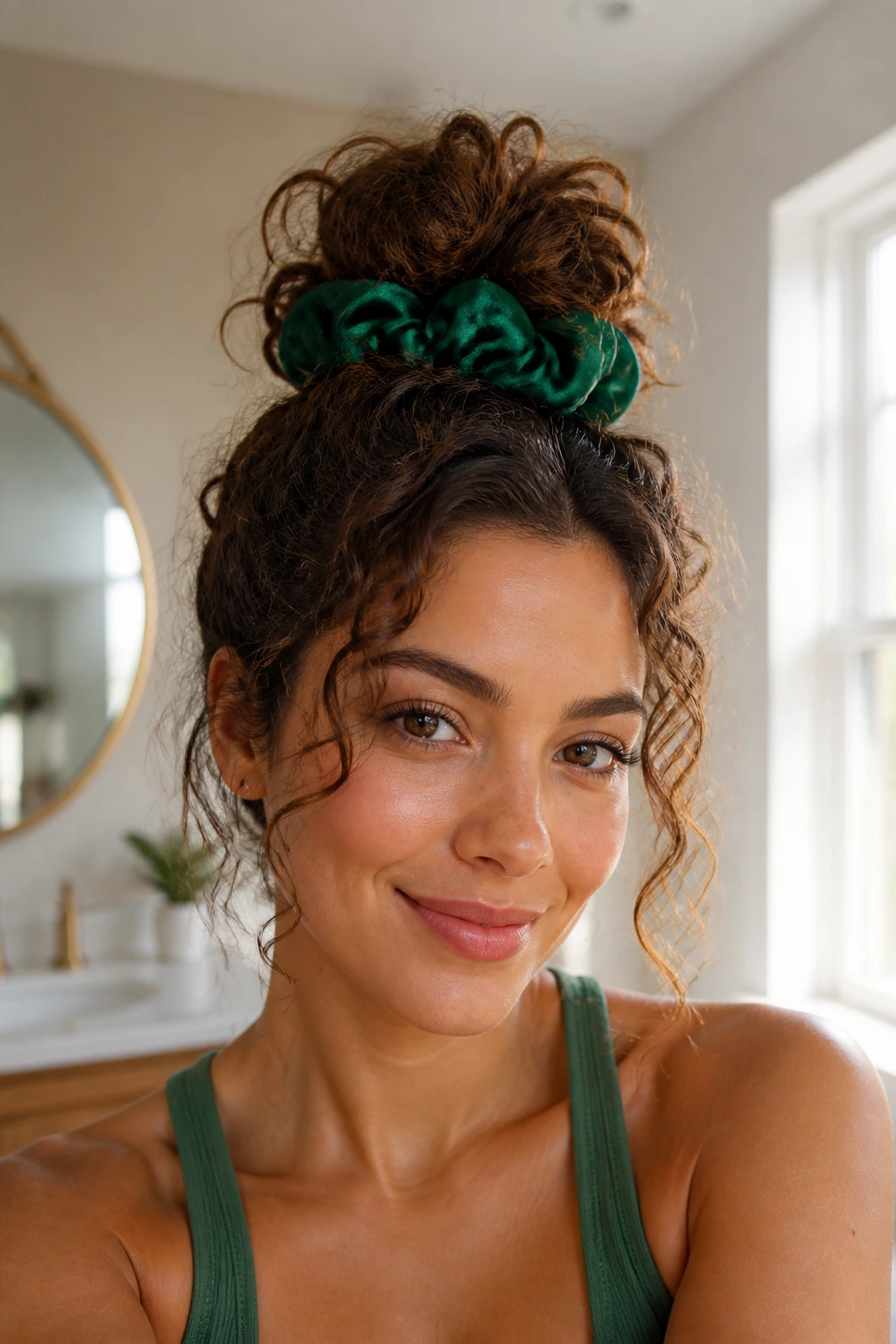 Close-up of a woman with a messy top knot secured by emerald satin scrunchie