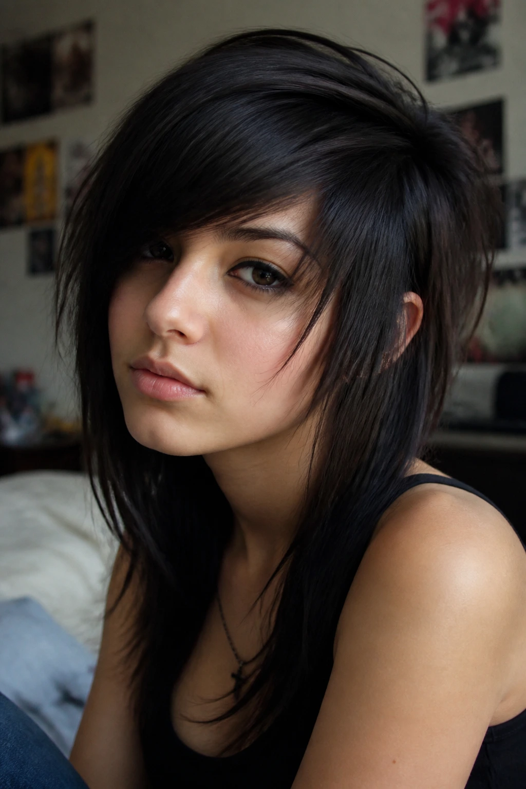 Close-up portrait of a real person with emo-inspired side-swept bangs grazing the cheekbone in natural window light.