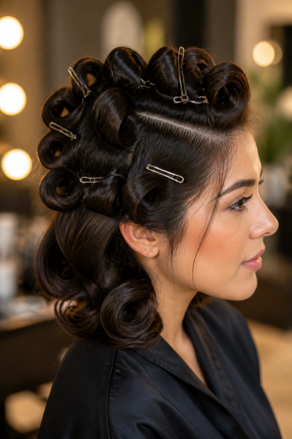 Close-up of end-heavy pin curls with mid-length root smoothness and voluminous ends.