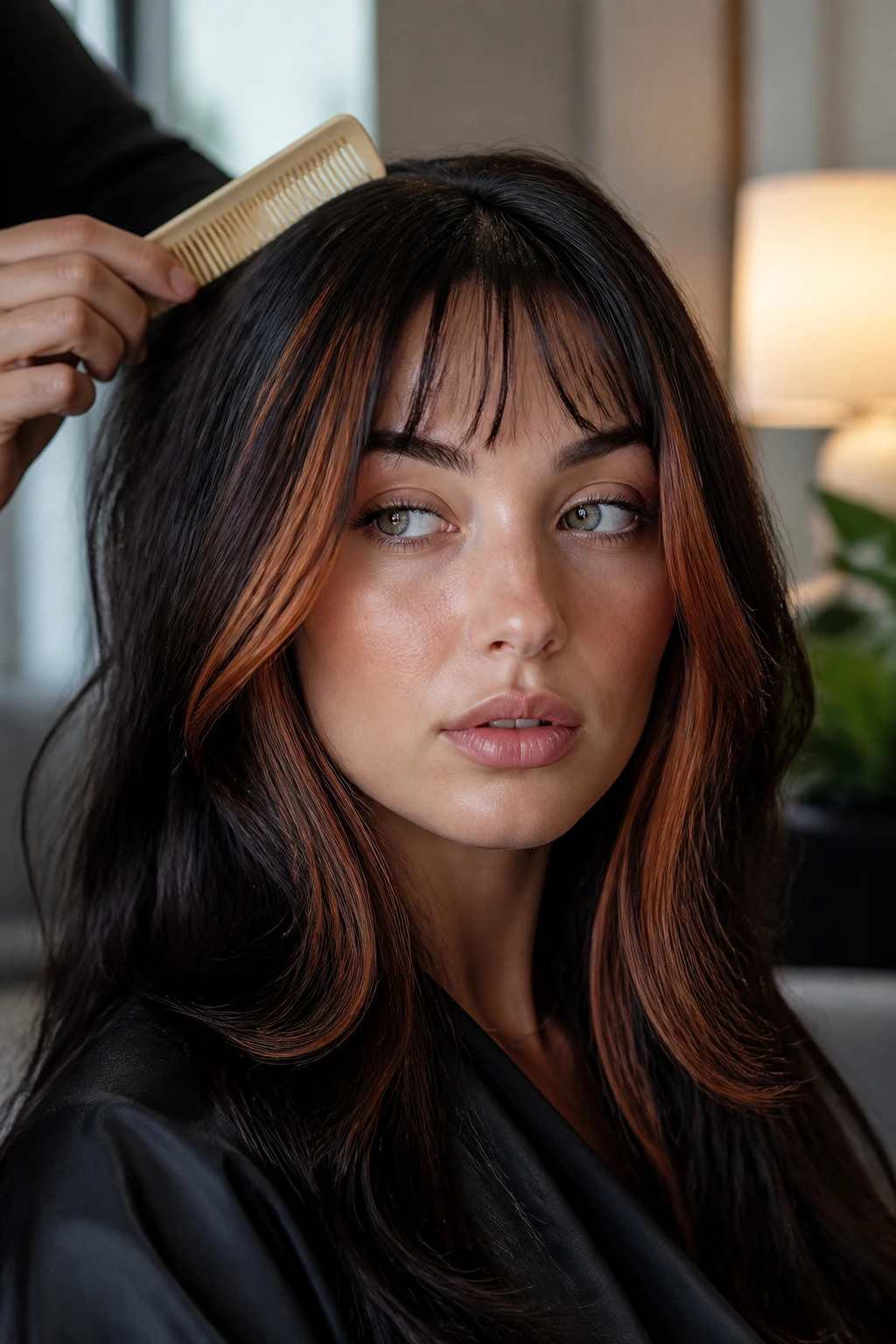 Close-up of woman with espresso hair and auburn money piece plus wispy micro bangs