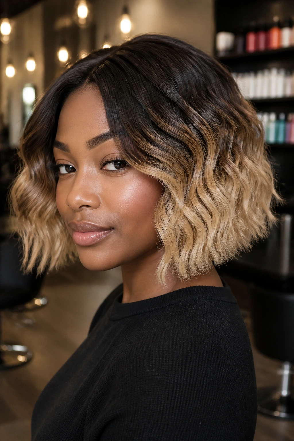 Real person with espresso to blonde ombre bob in salon lighting