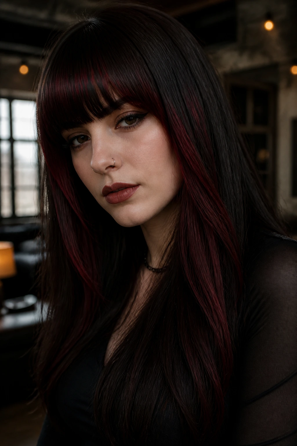 Close-up portrait of a real woman with espresso base and cherry-red framing highlights