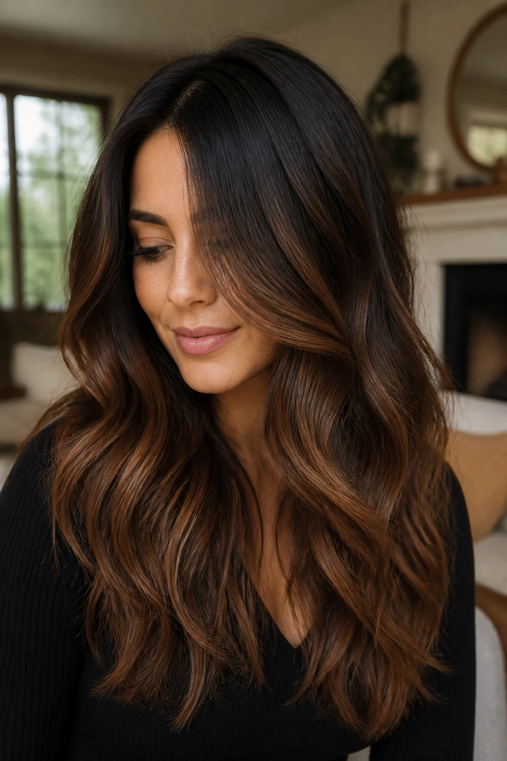 Close-up of a real woman with espresso-to-chestnut melt; thick hair frames the face in natural window light