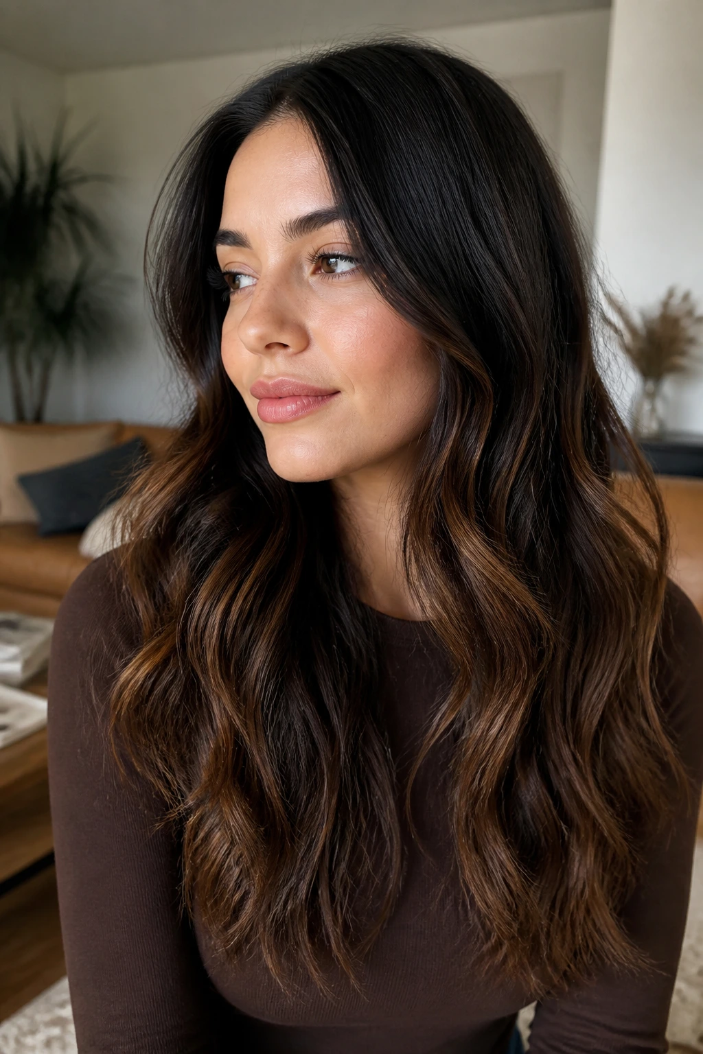 Close-up of a real woman with espresso-root to chestnut-end hair color melt.