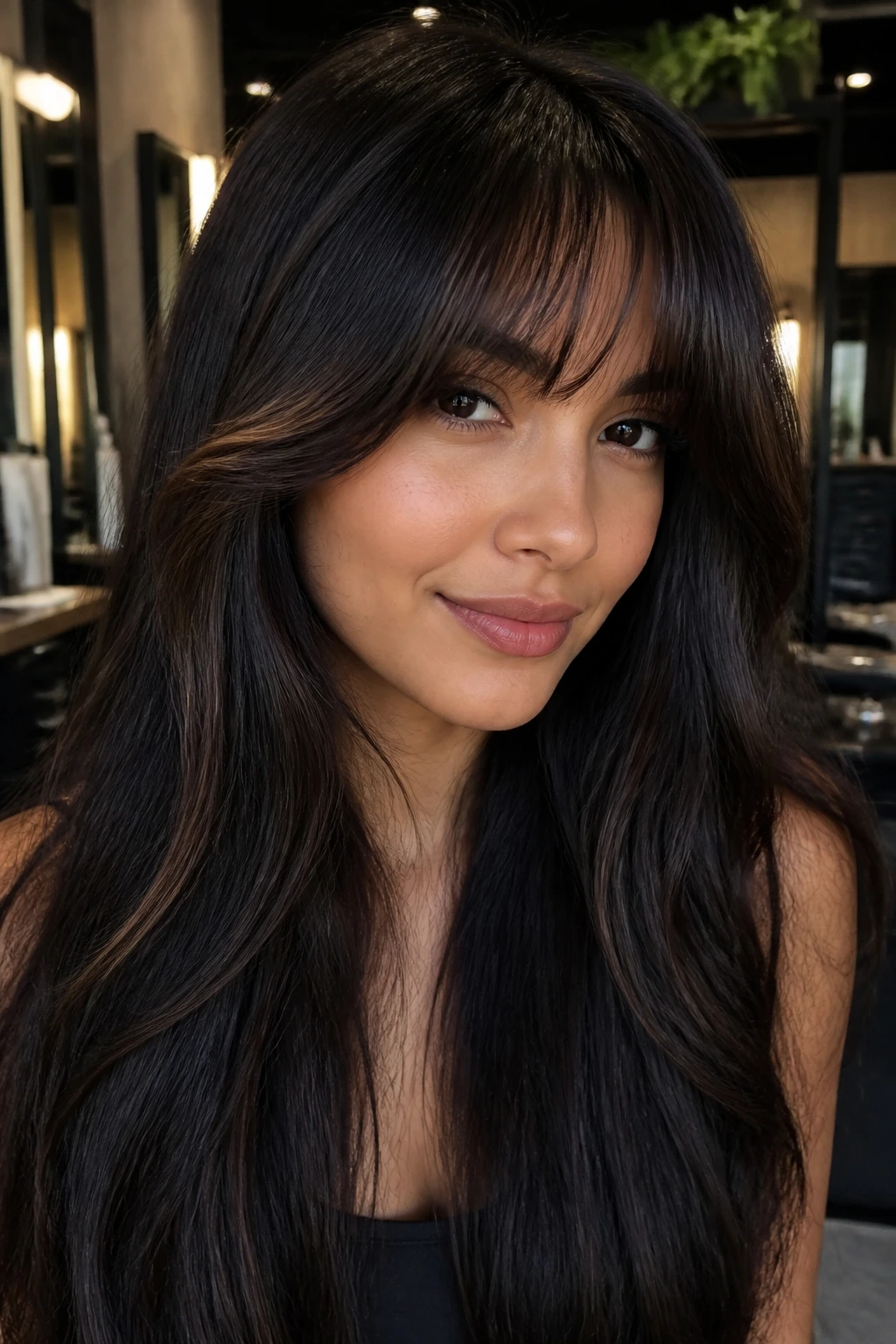 Close-up of a real woman with espresso highlights on arched bangs