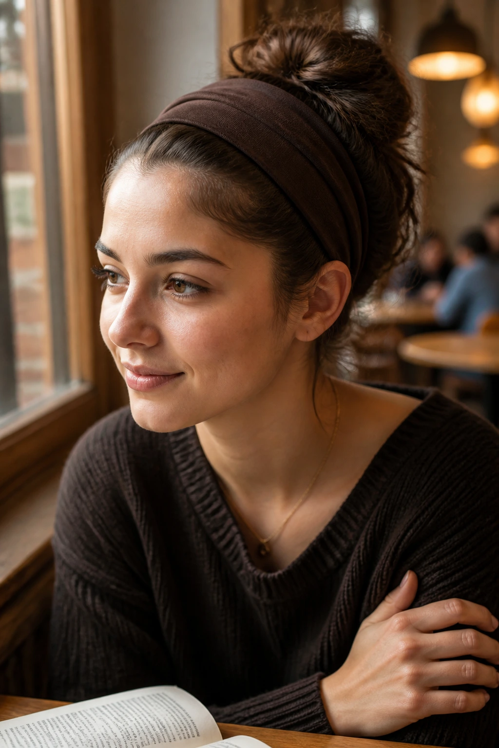 Close-up of a real person wearing a dark espresso headband in a cafe setting
