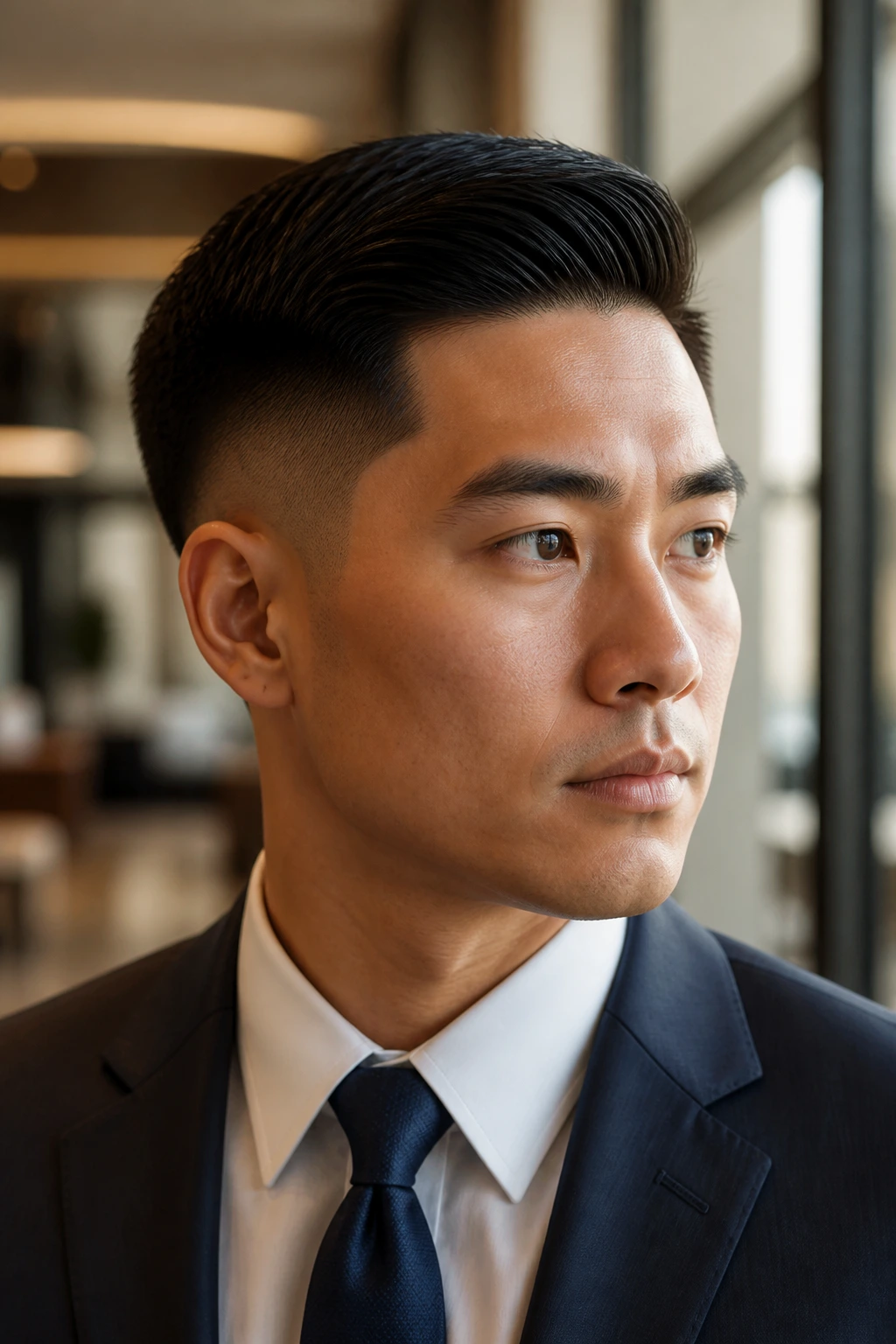 Close-up portrait of a person with a clean executive taper hairstyle in a modern office lobby