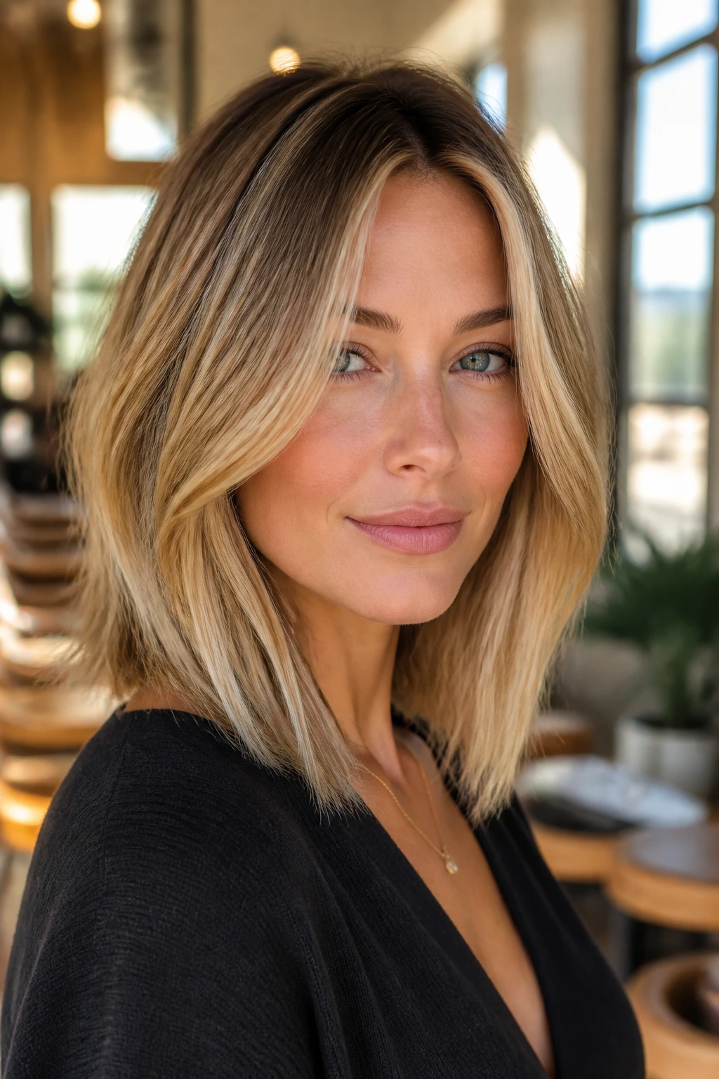 Close-up of a real woman with a long bob featuring low-contrast ash-gold highlights.