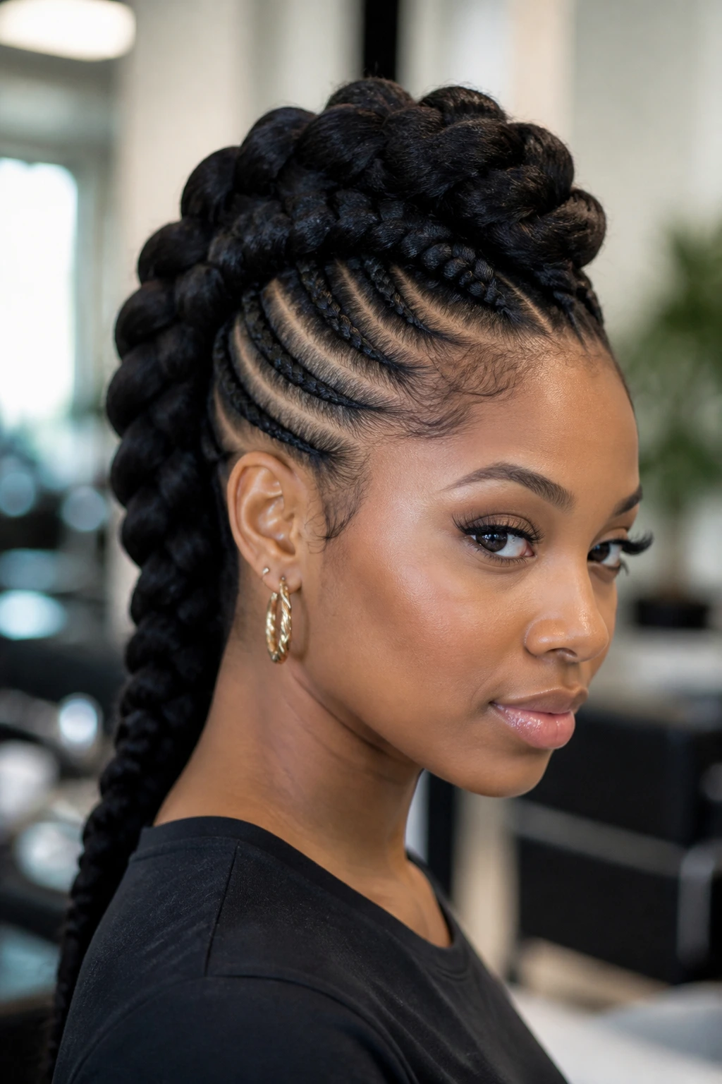 Real person with extension-enhanced mohawk braid