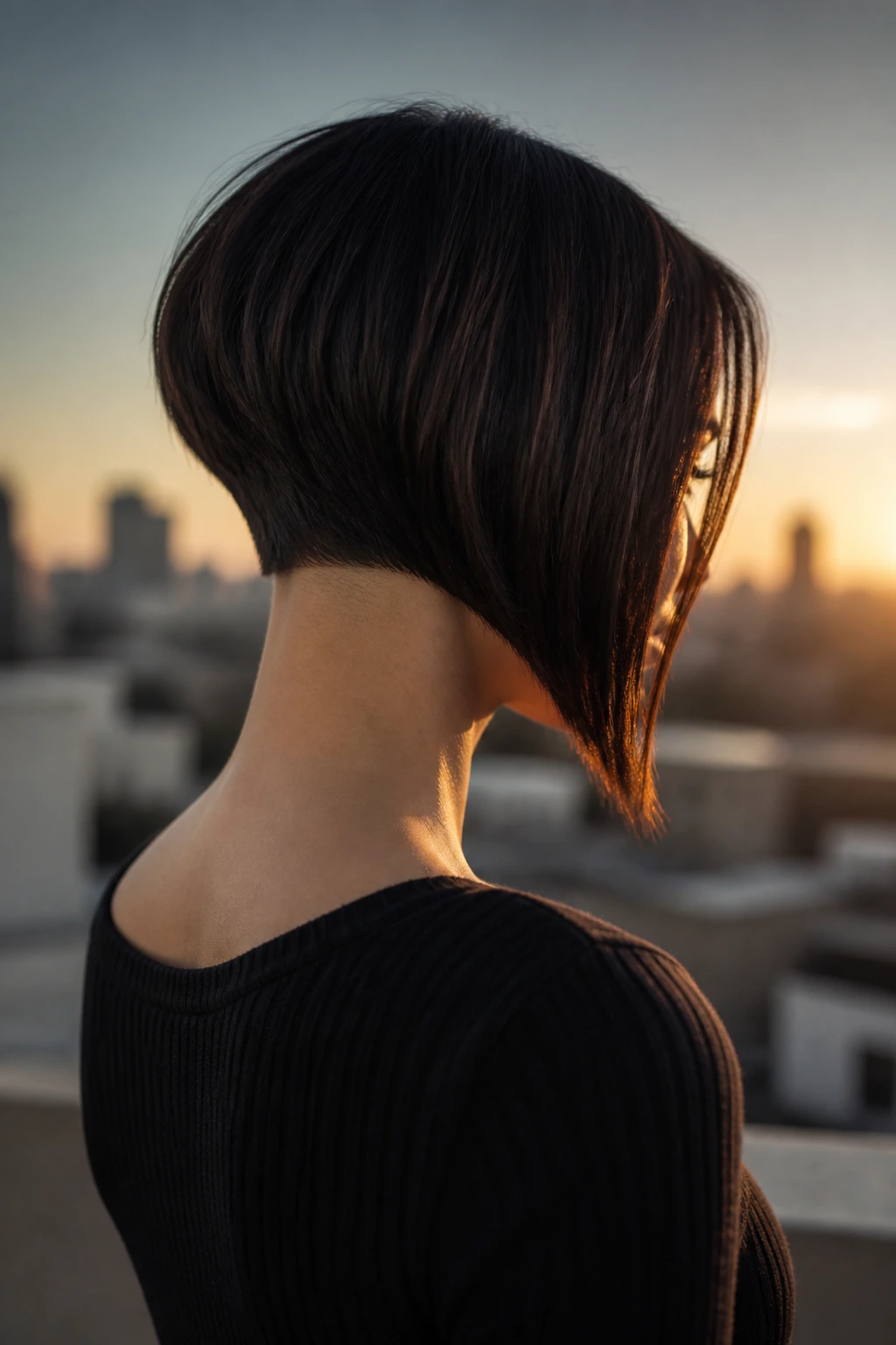 3/4 rear-view of a real woman with extreme inverted bob angle and dramatic nape-to-chin slope.
