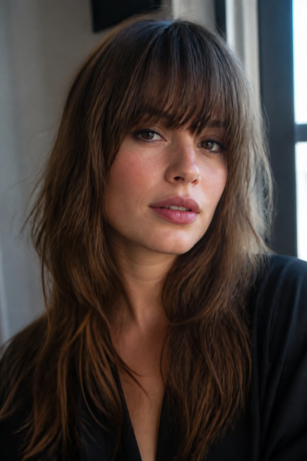 Portrait of a woman with eye-grazing bangs and textured long layers