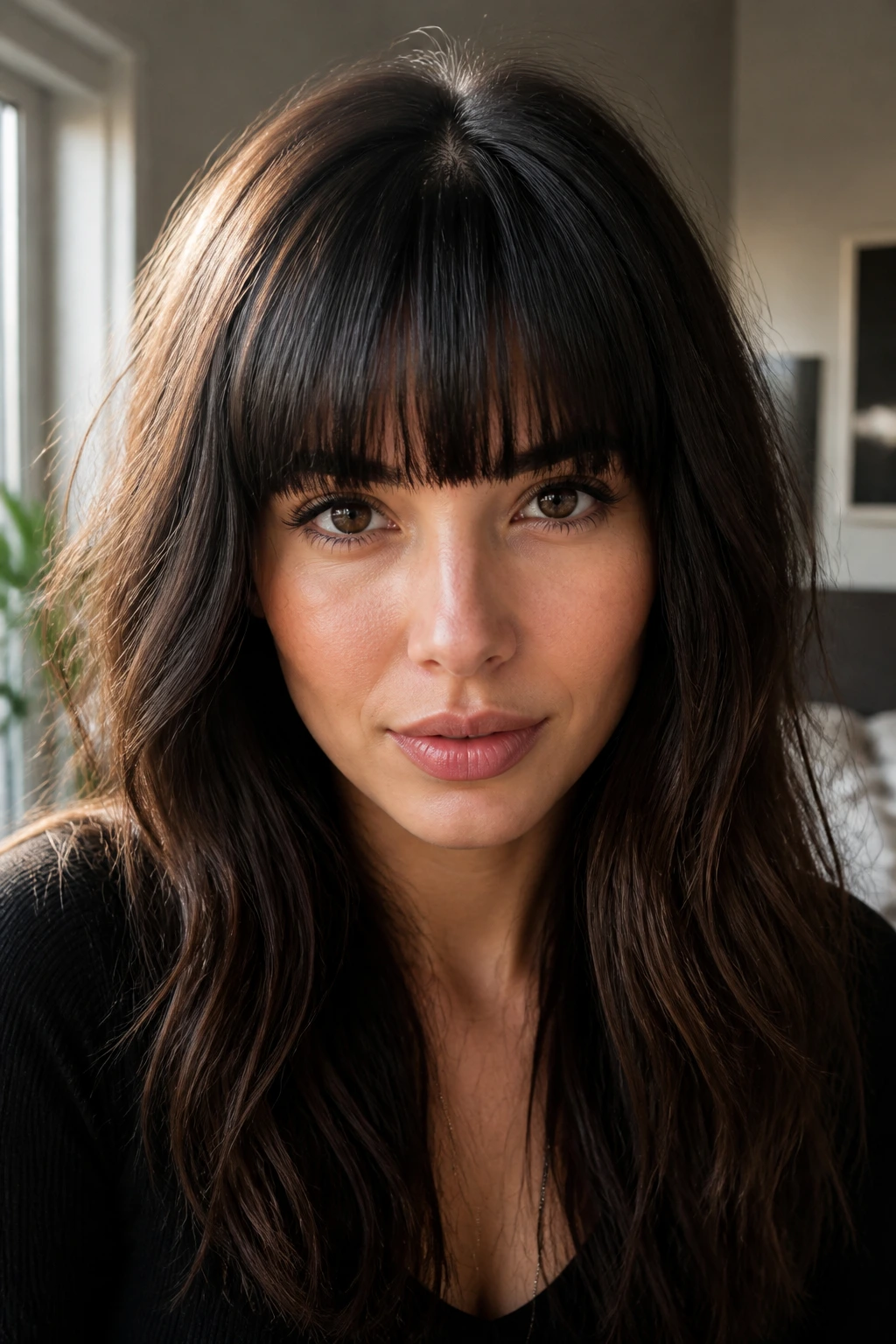 Close-up of a real woman with eyebrow-grazing straight fringe on thick hair, soft indoor light