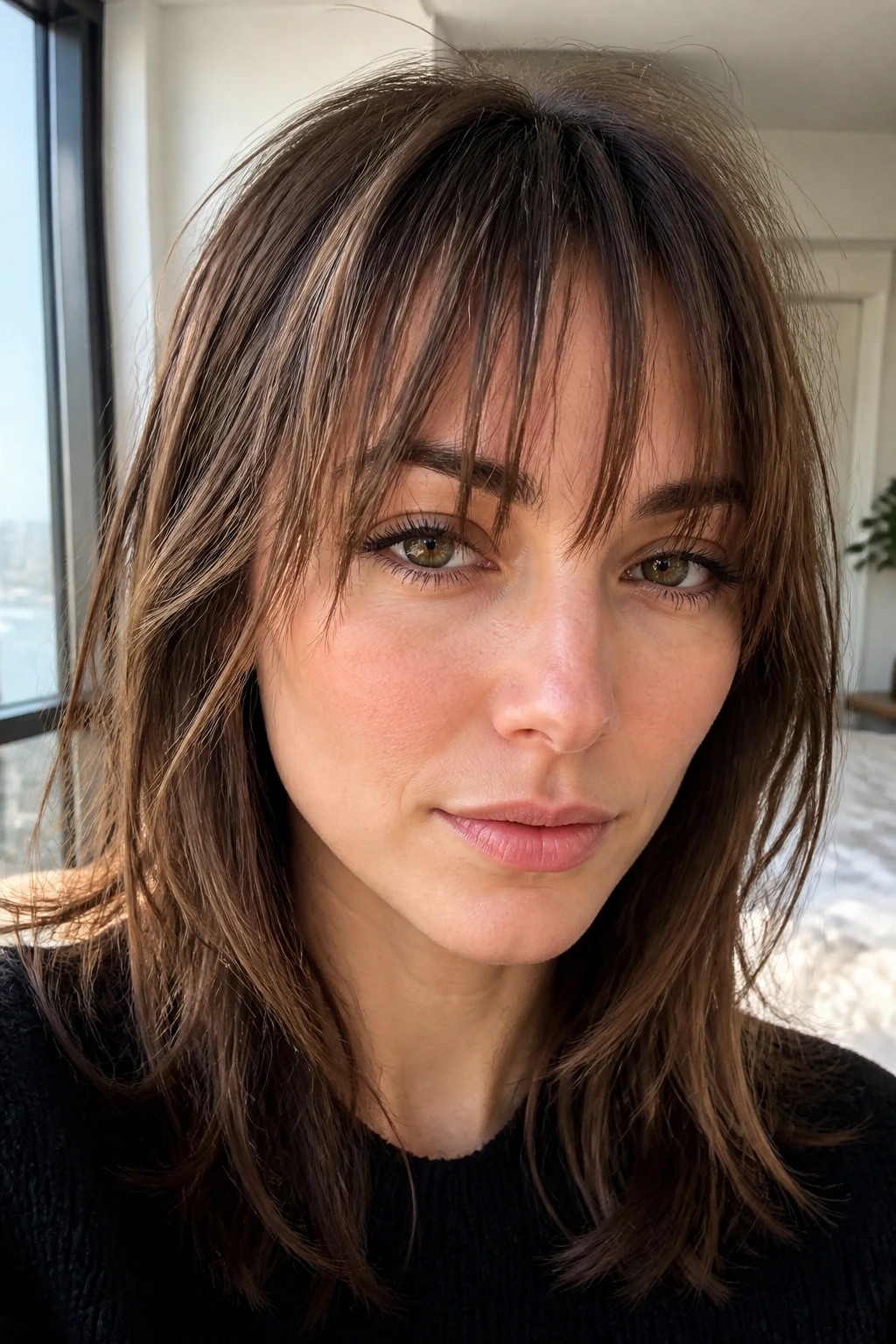 Close-up of a real person with eyebrow-grazing shards in bright window light