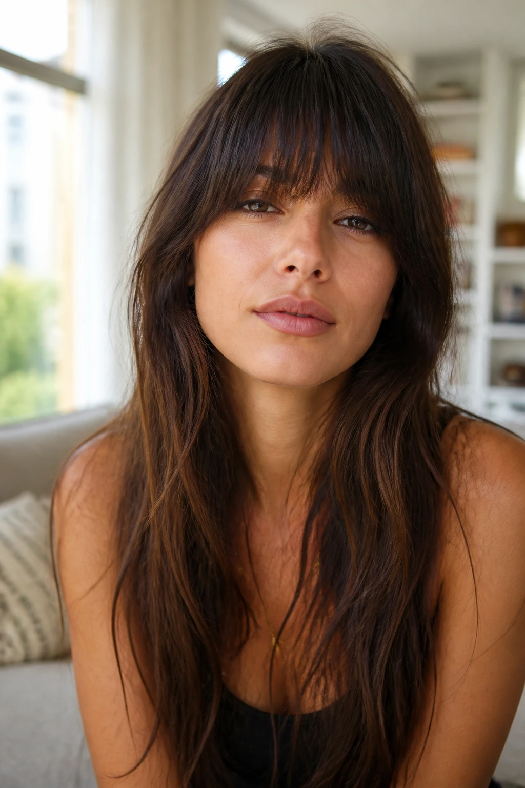 Close-up of a real woman wearing eyebrow-skimming heavy French bangs.