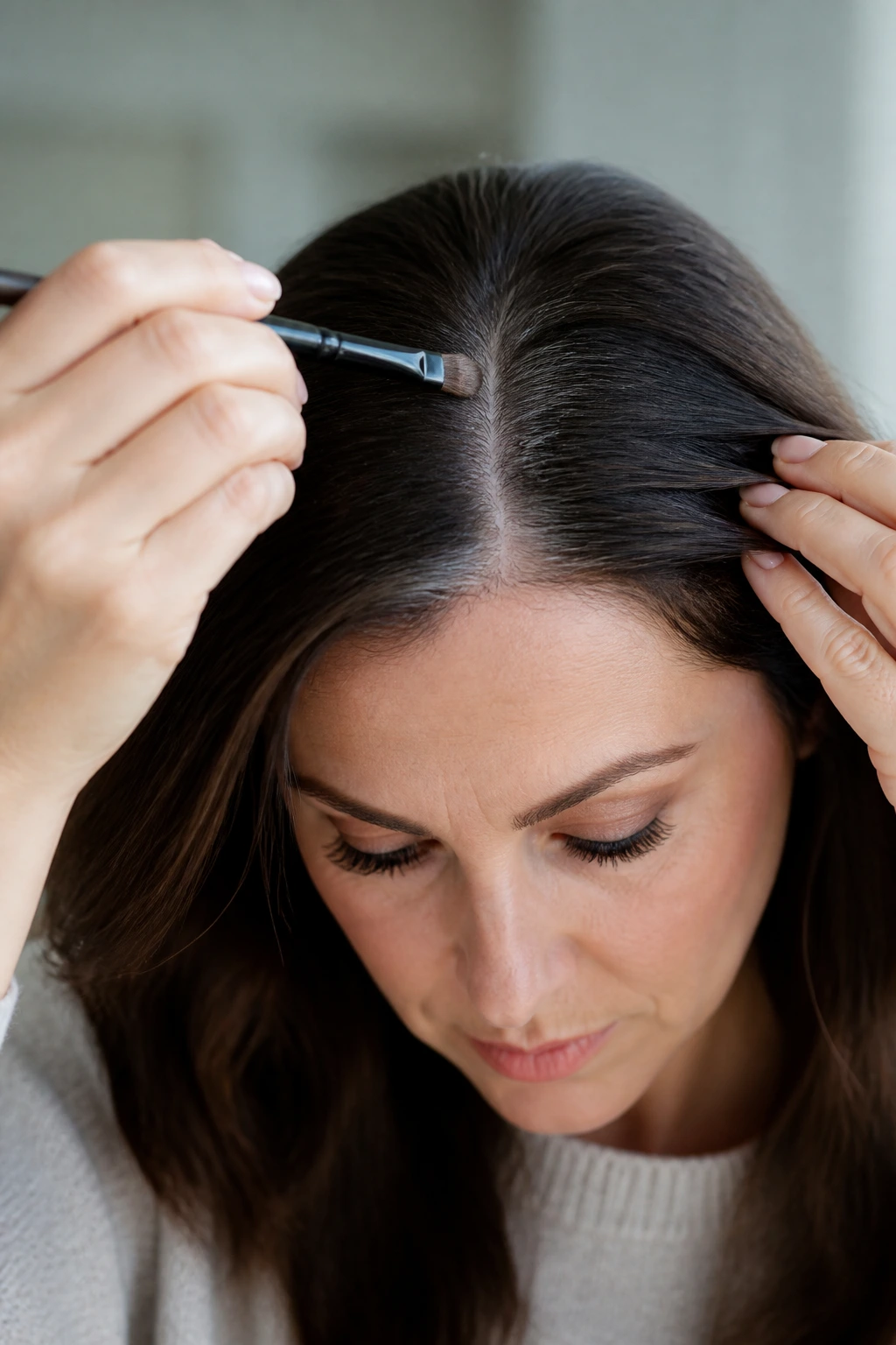 Close-up of a person applying matte eyeshadow to roots