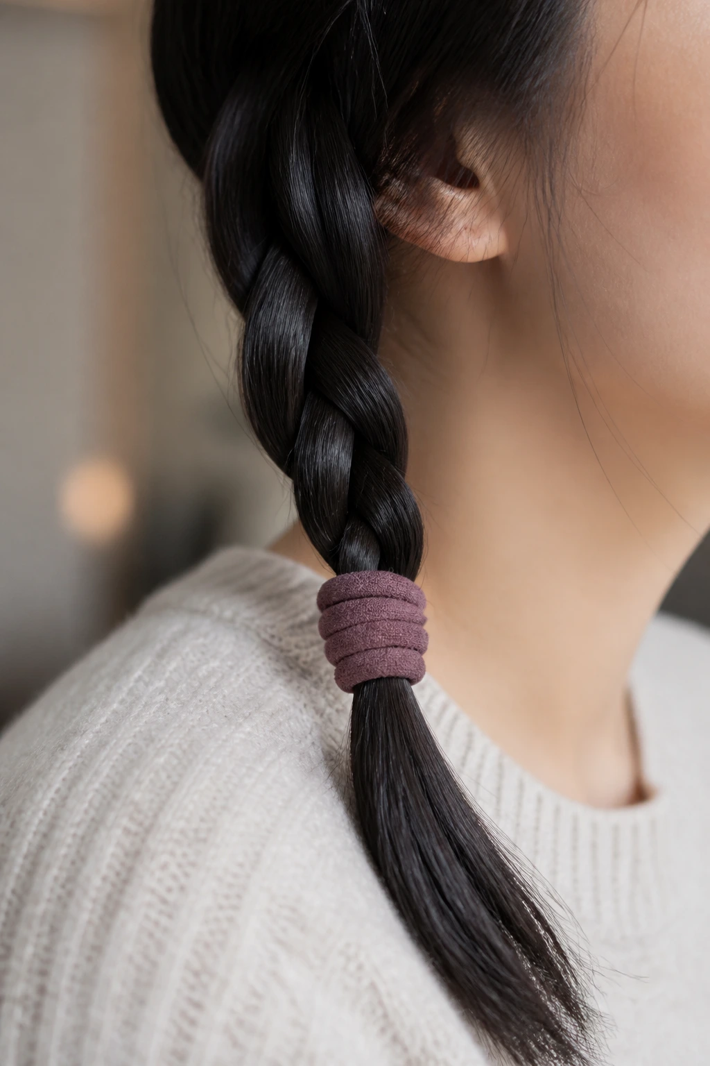 Fabric-wrapped cuff securing braid end on straight hair