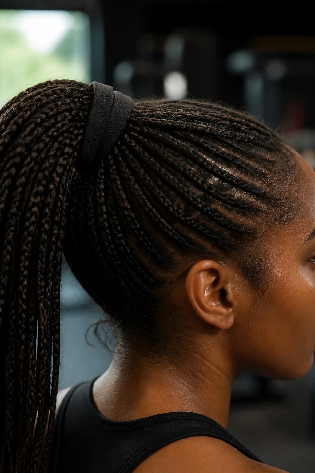 Close-up of braided ponytail secured with seamless fabric elastic