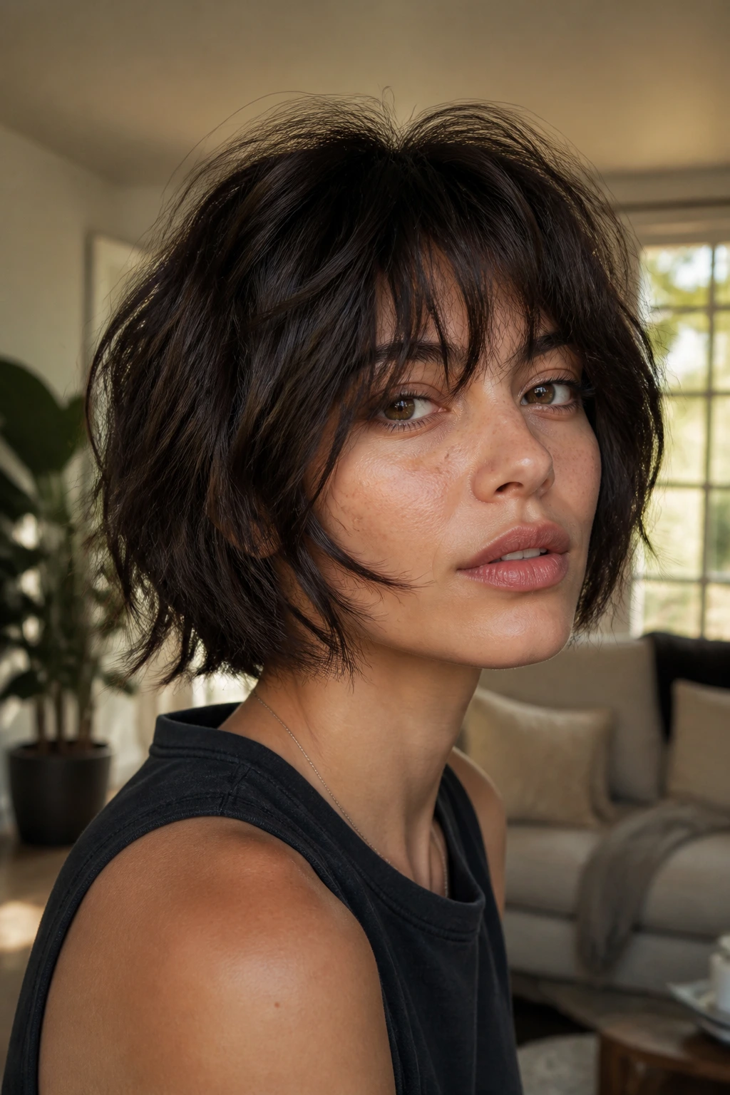Close-up portrait of a real woman with face-frame shag hairstyle and chin-length layers