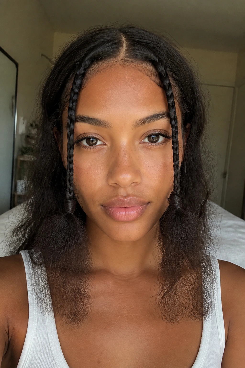 Front view of a real woman with symmetrical baby braids and fluffy ends