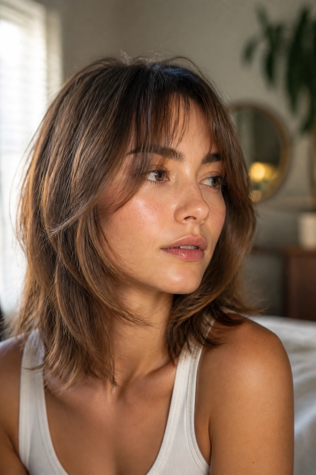 Close-up portrait of a woman with face-framing bangs highlighting jawline and cheekbones.
