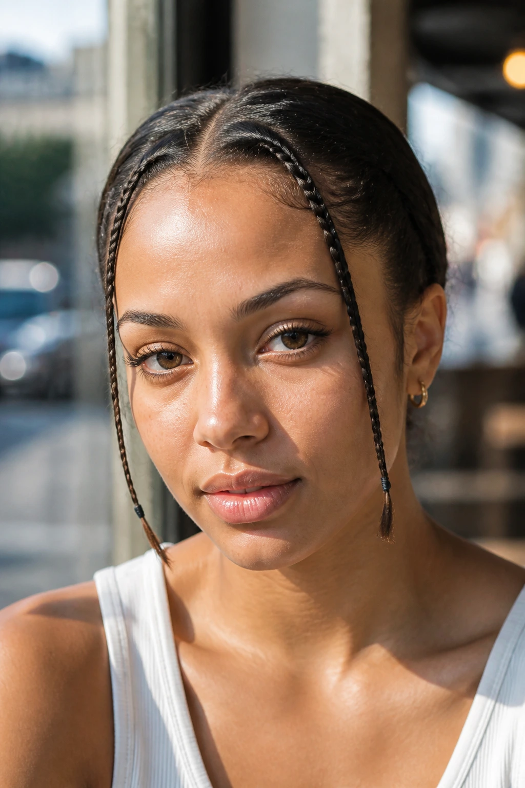 Close-up portrait of a real woman with two face-framing braids along the middle part.