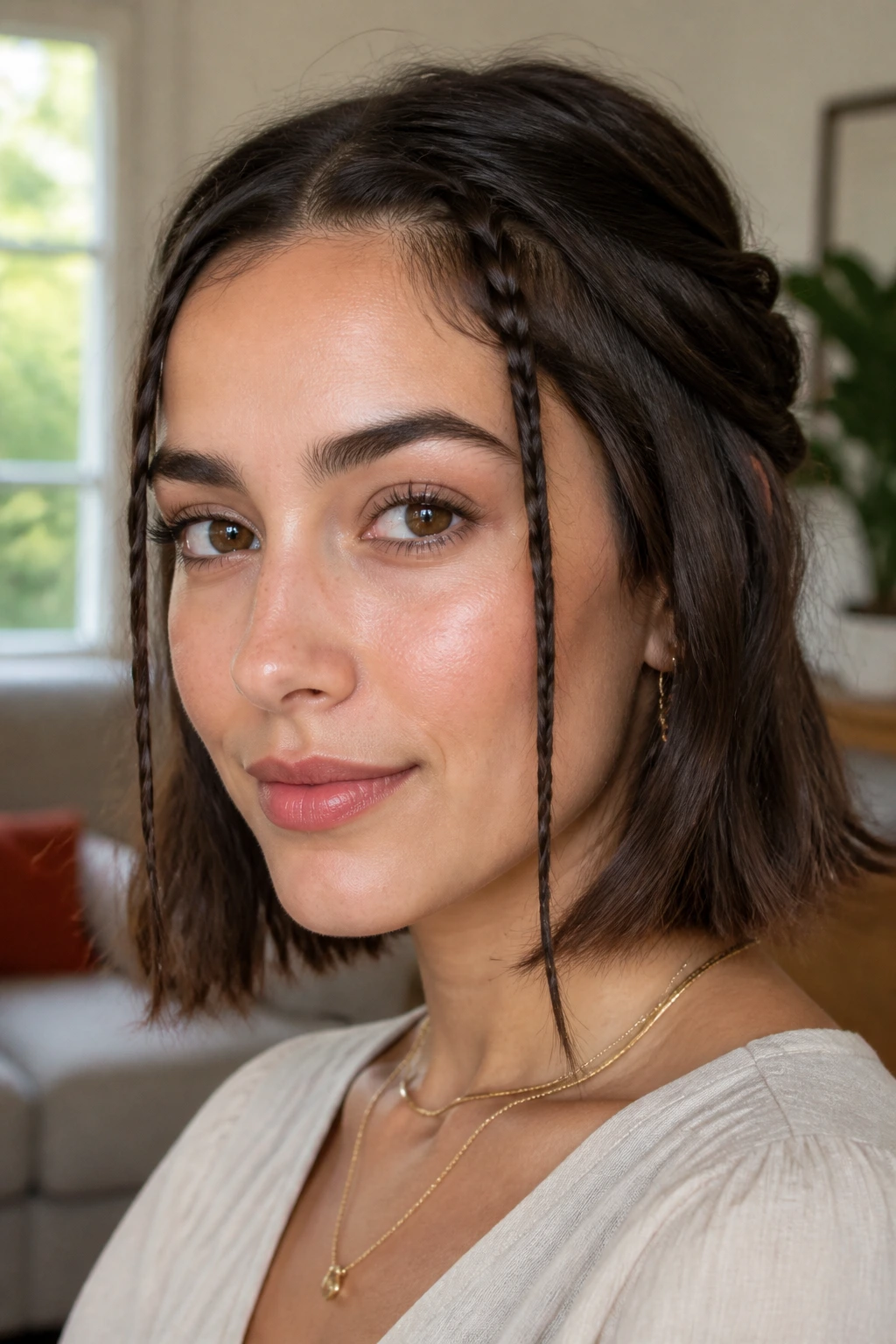 Real person with face-framing braided tendrils