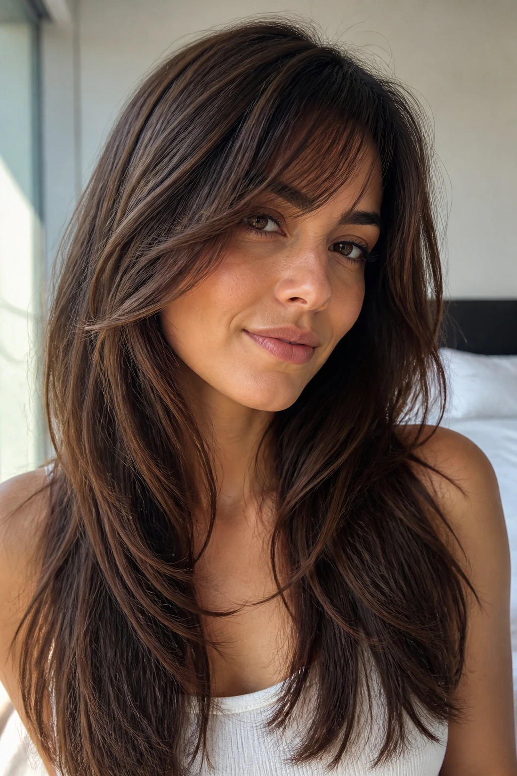 Close-up of a real woman with cascading layers and soft slanted bangs