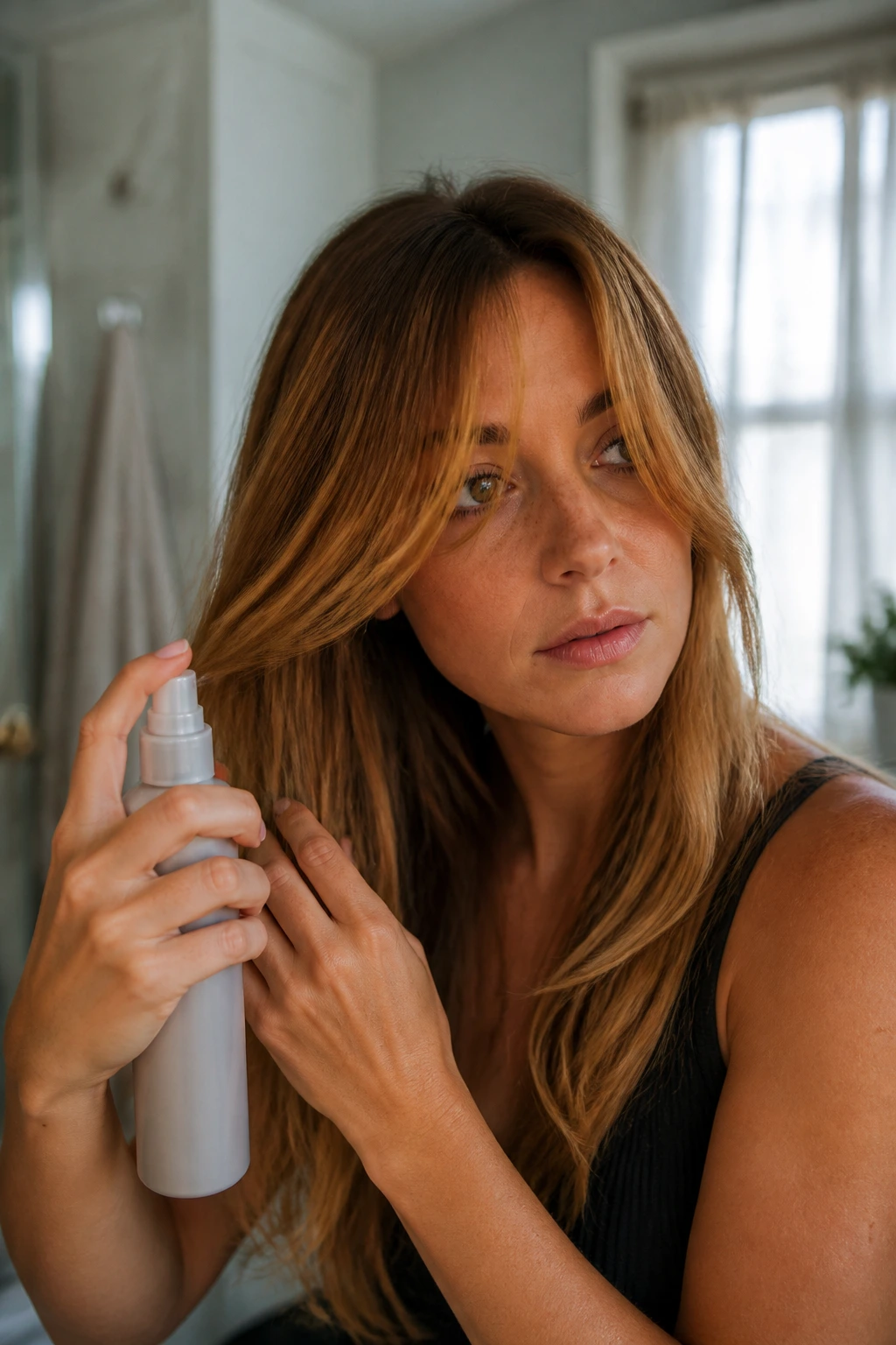 Close-up of a woman with face-framing color maintenance at home