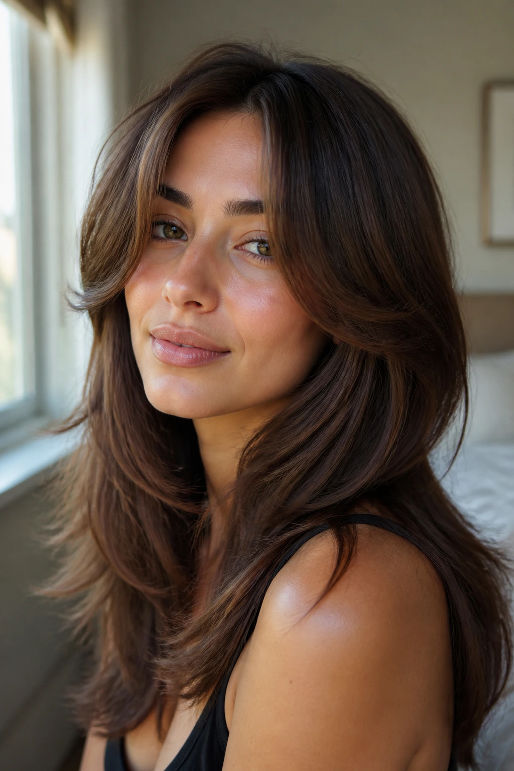 Close-up of a real woman with a face-framing flip hairstyle