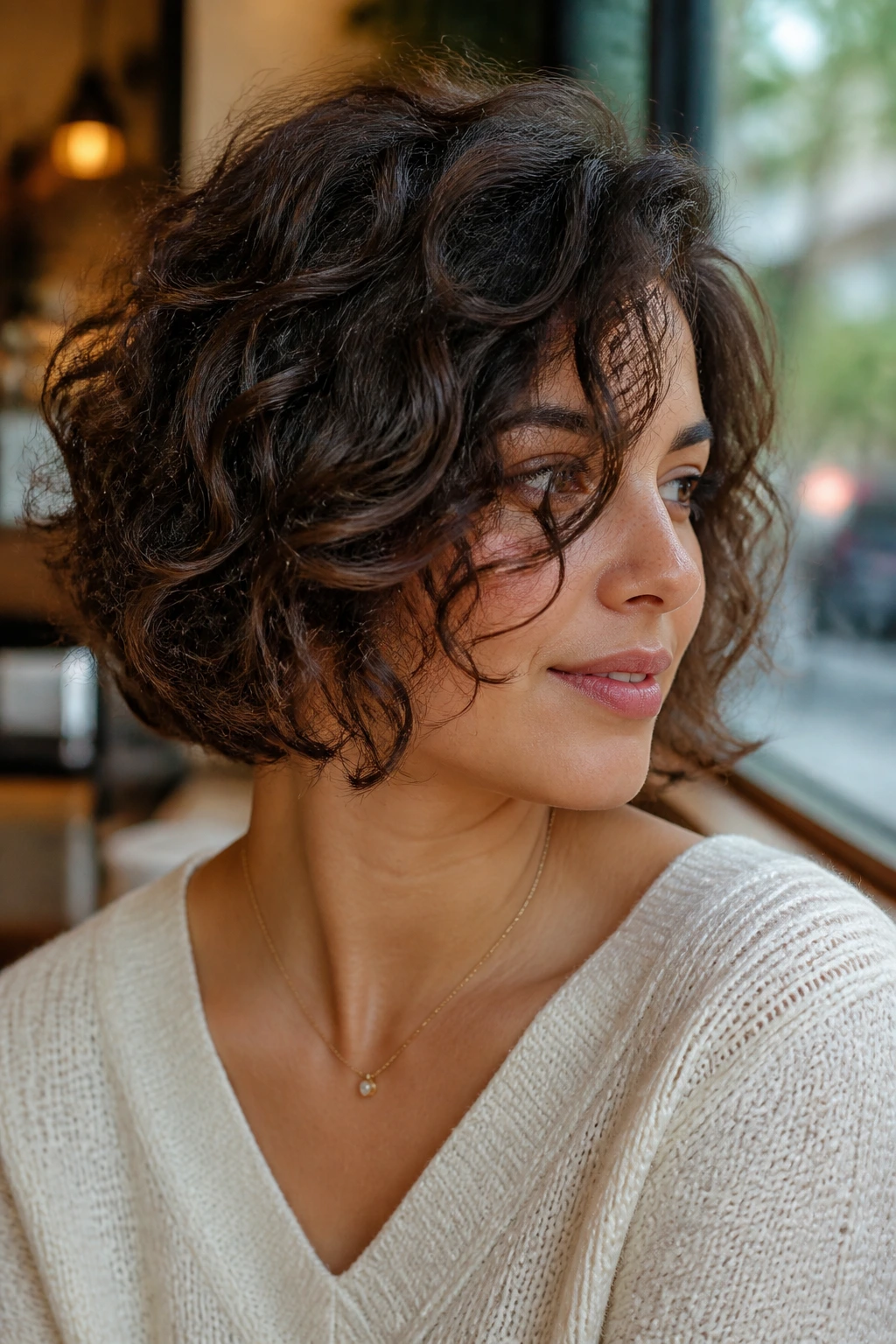 Portrait of a woman with face-framing curly fringe in an inverted bob, natural light
