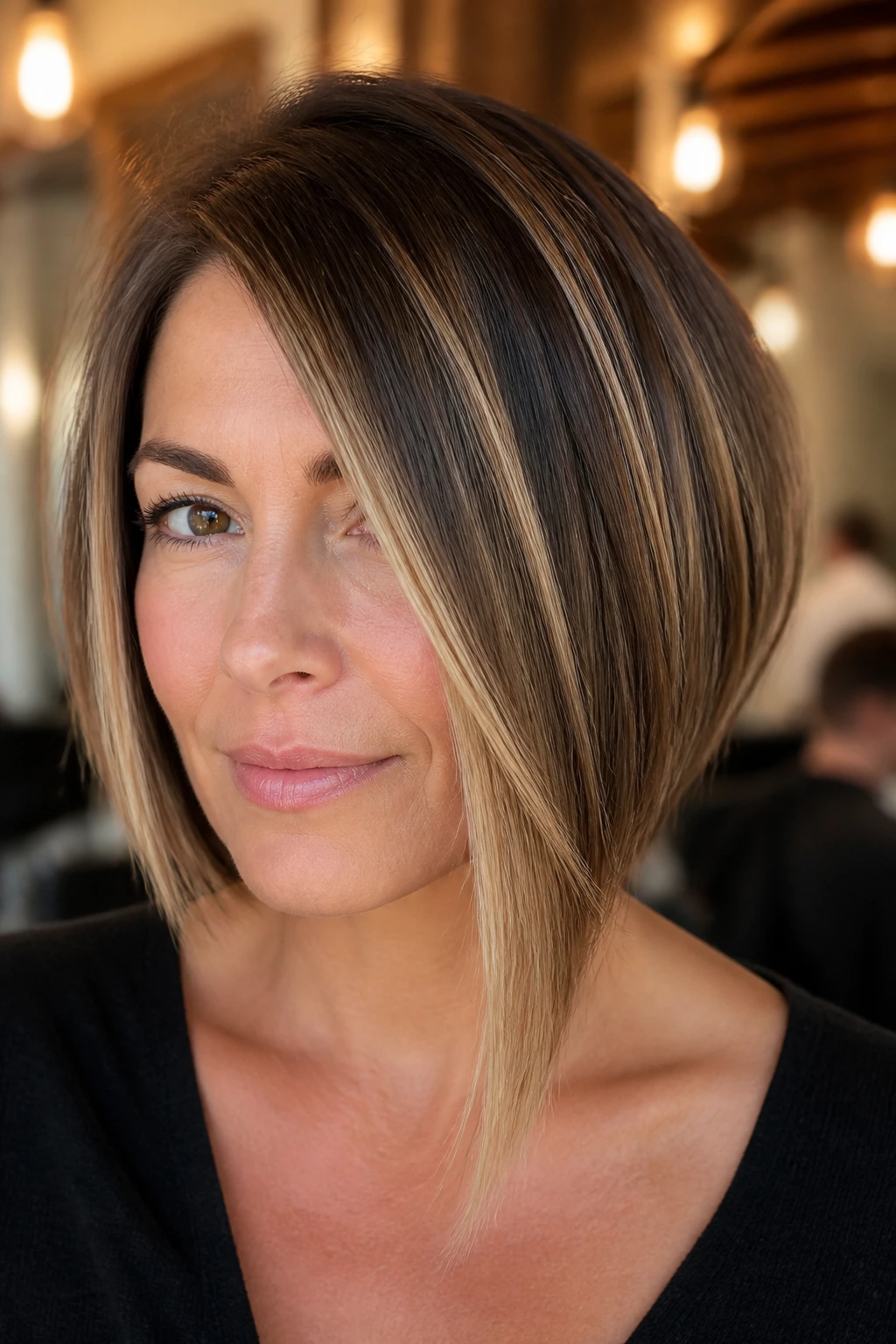 Close-up of a woman with face-framing highlighted bob in warm salon light