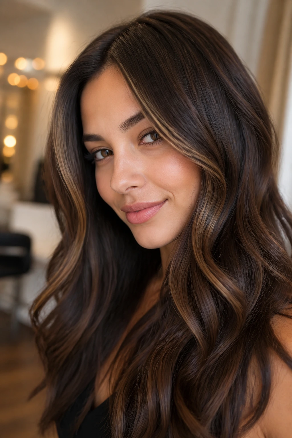 Portrait of a woman with face-framing highlights on chocolate brown hair.