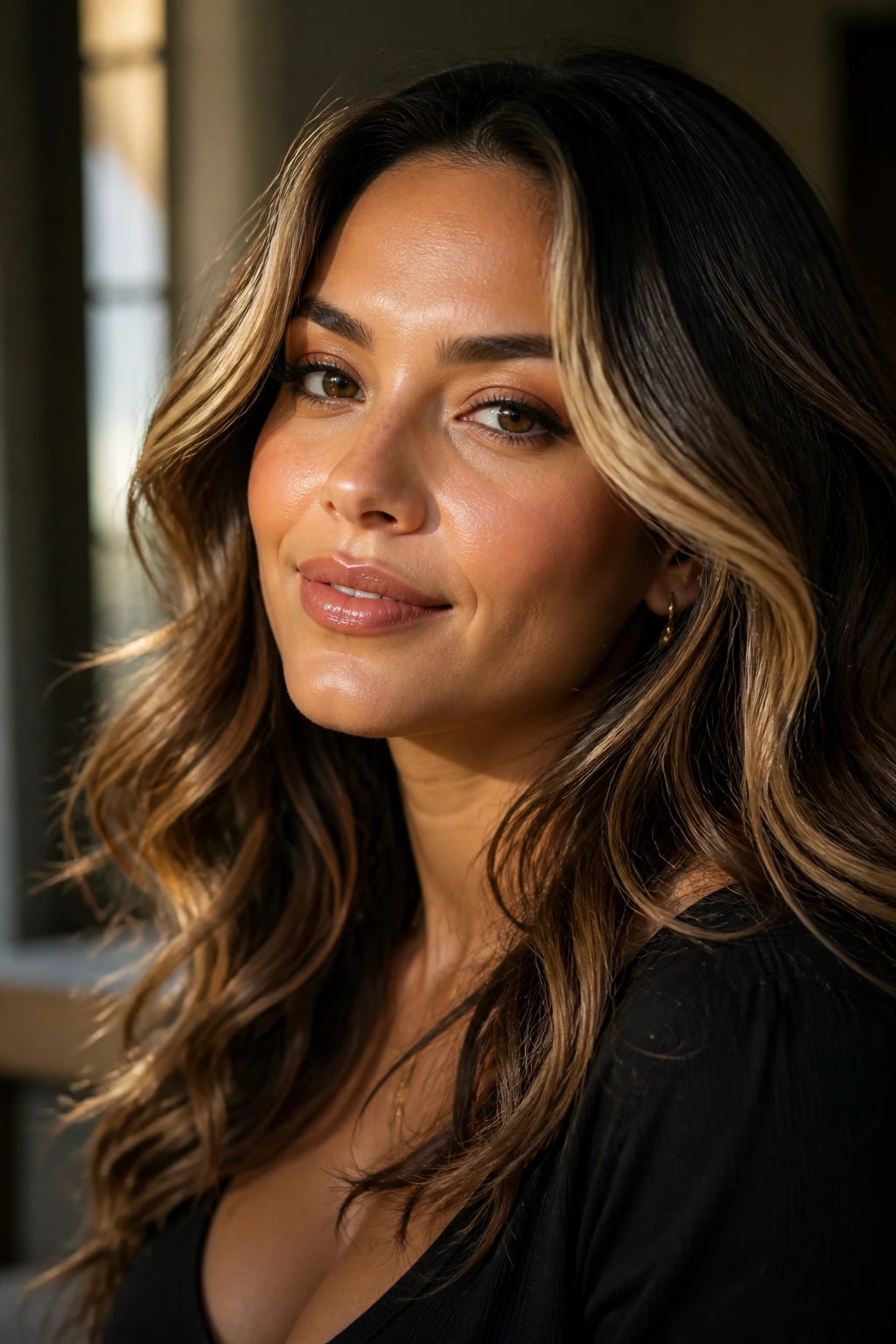 Close-up of a real Latina woman with sunlit face-framing highlights.