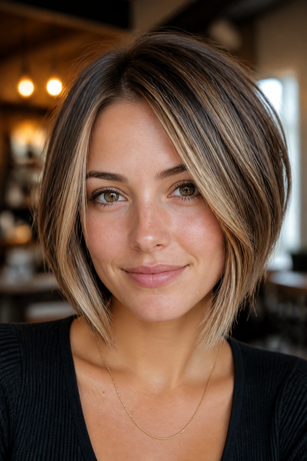 Close-up portrait of a real woman with face-framing highlights in a stacked bob.