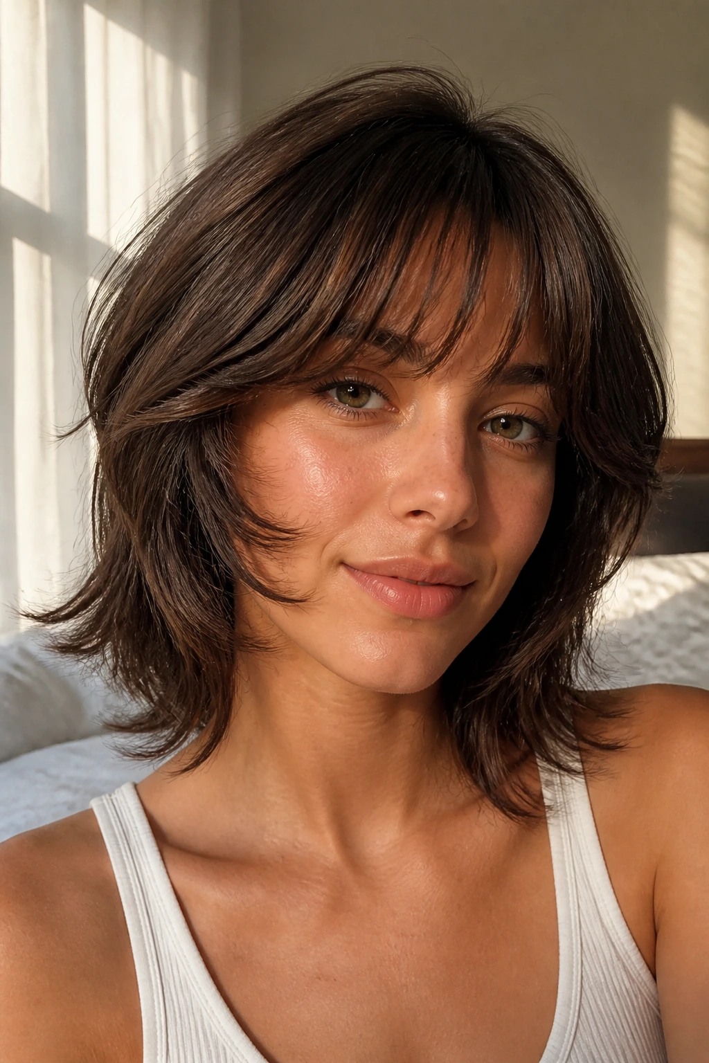 Close-up of a real person with face-framing layered feathered bangs in a bright bedroom
