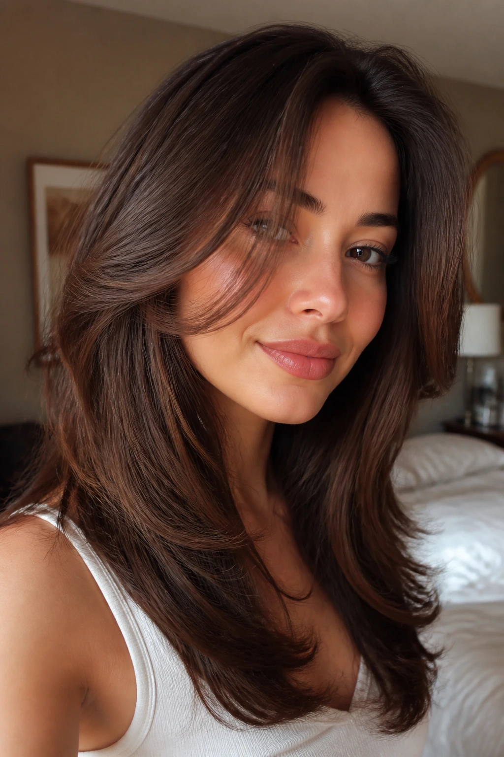 Close-up of a real woman with face-framing layered blowout under natural window light