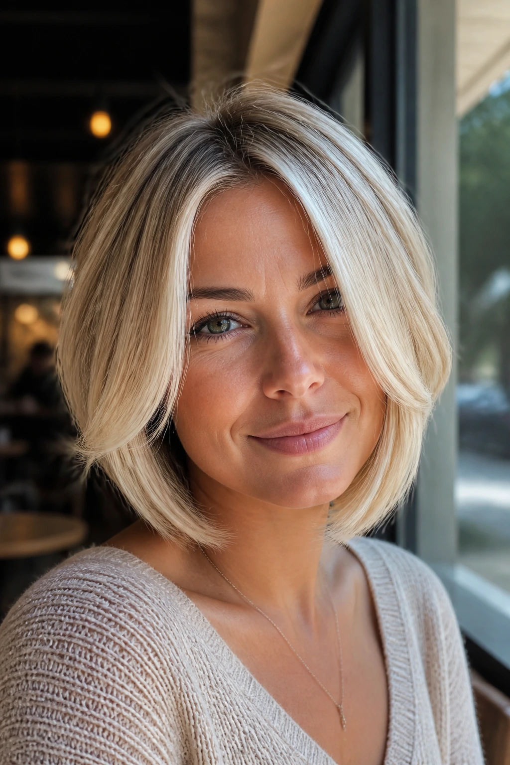 Close-up of a real woman with a face-framing layered blonde bob and platinum highlight around the face.