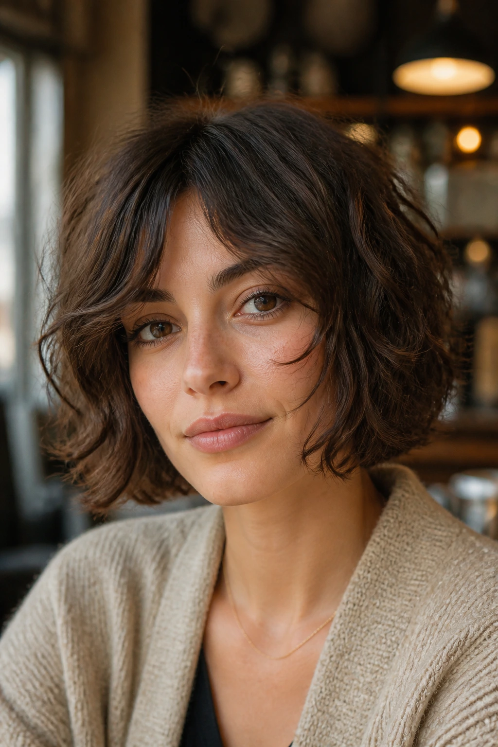 Portrait of a woman with face-framing layers in a French bob