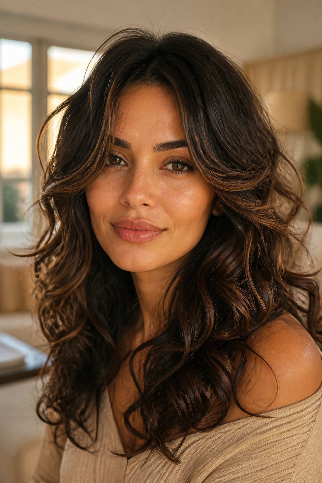 Close-up of a real woman with face-framing soft layers and cascading curls