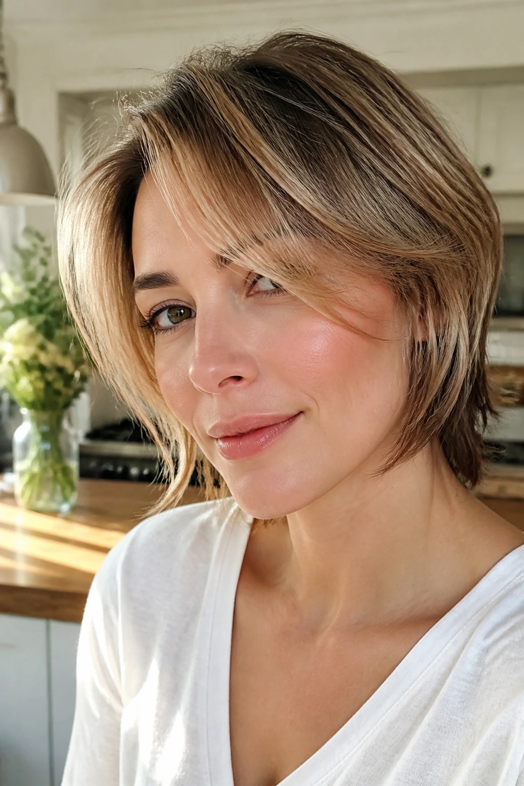 Close-up portrait showing chin-length face-framing layers around the jawline.