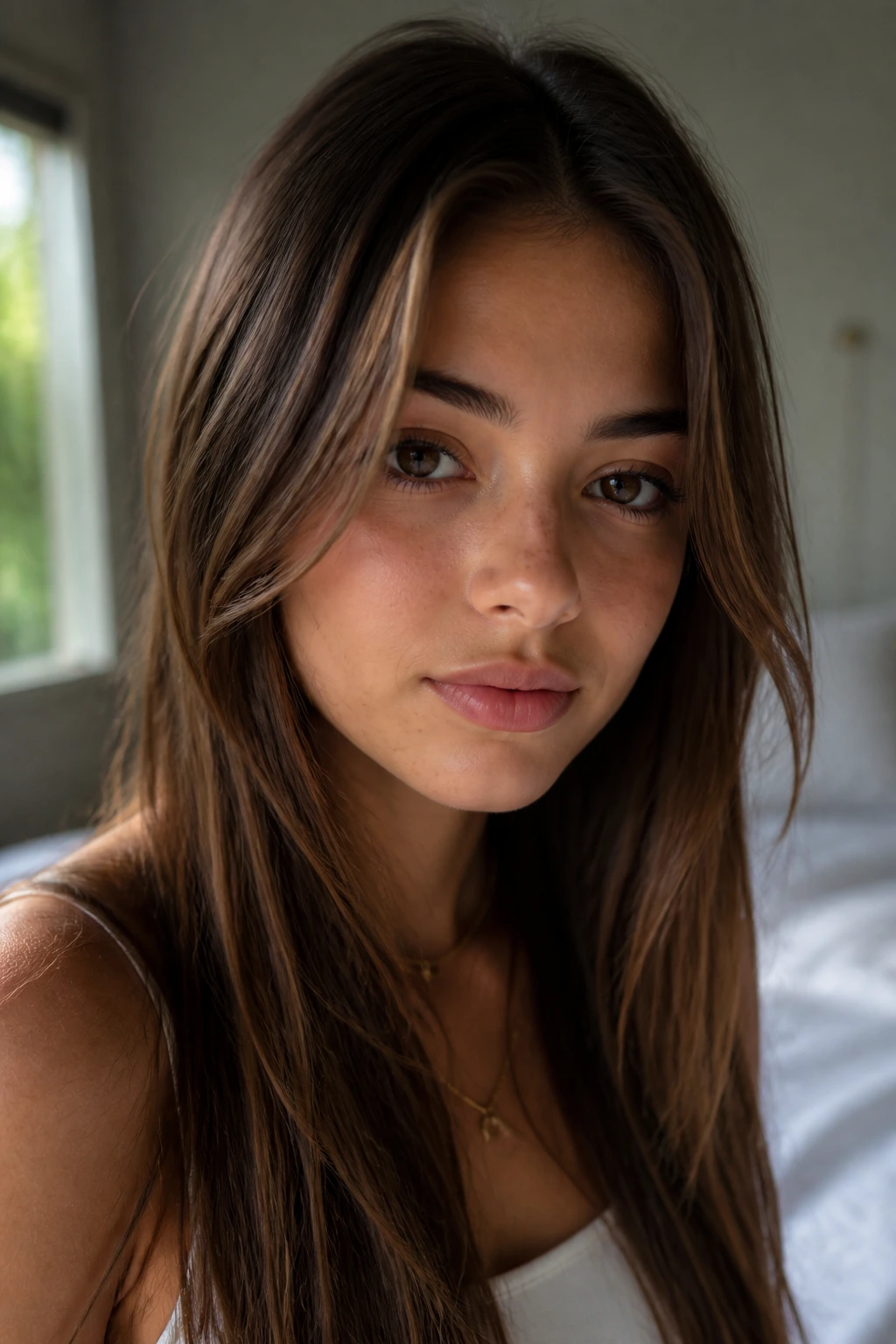 Close-up portrait of a teen with face-framing layers around the face, soft window light.