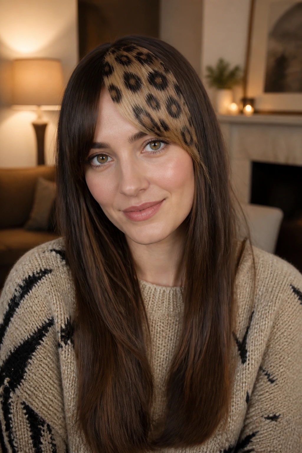 Portrait of a real person with a single large leopard spot on the front bangs