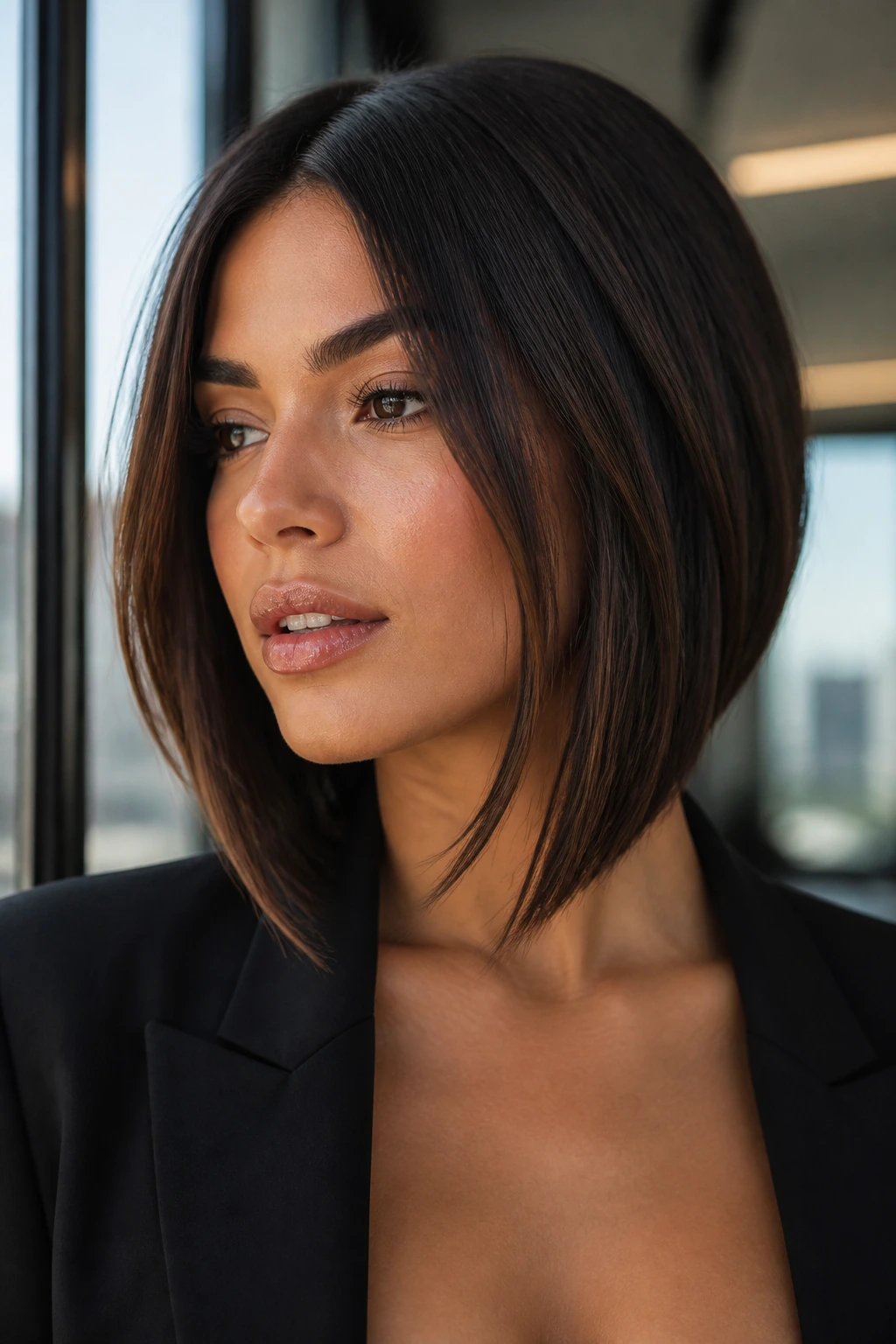 Close-up of a real woman with a face-framing long bob.