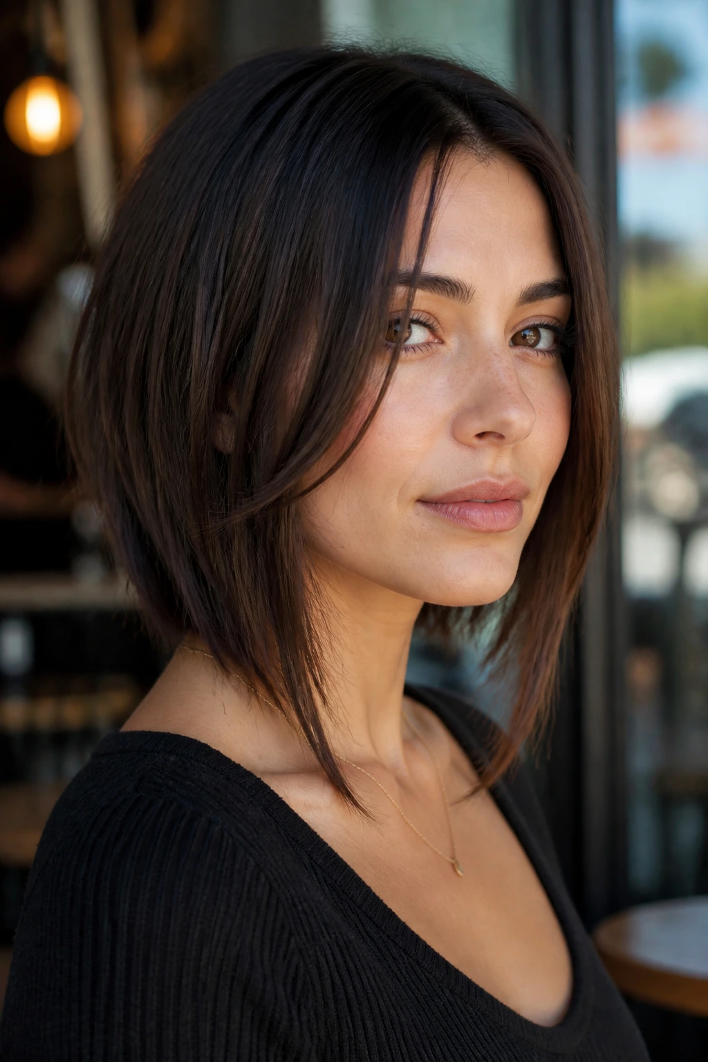 Close-up portrait of a real woman with face-framing razored front pieces in a cafe window setting