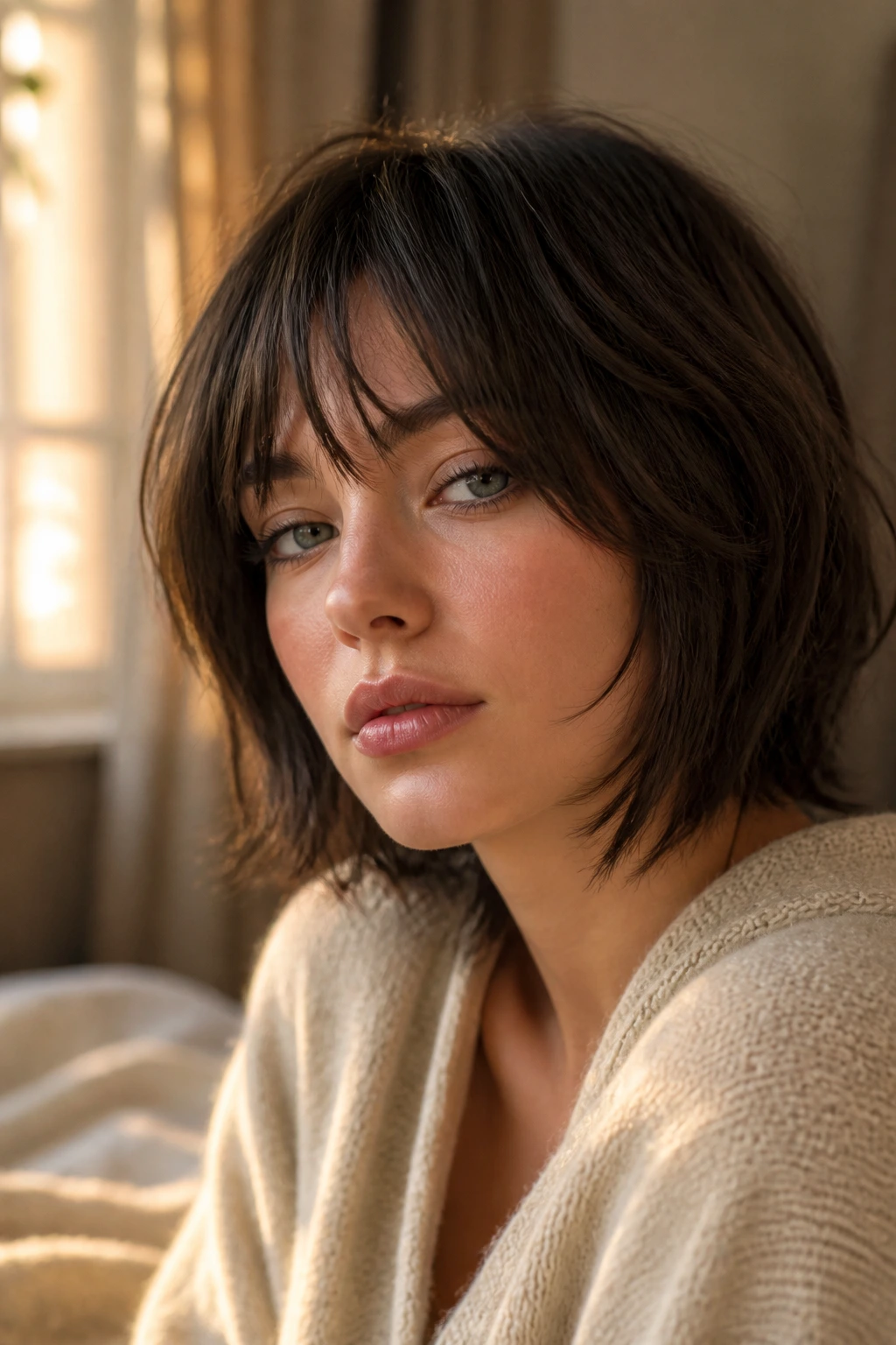 Close-up portrait of a real woman with a face-framing shag highlighting cheekbones under warm window light