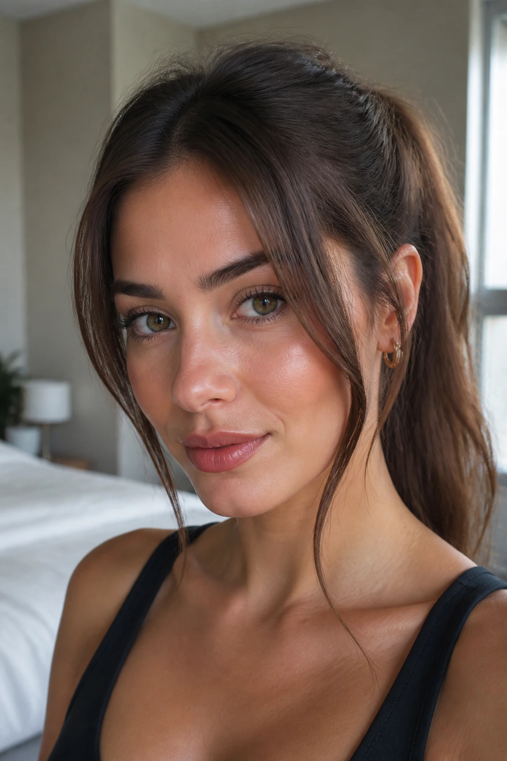Close-up of face-framing tendrils starting at chin on a real woman.
